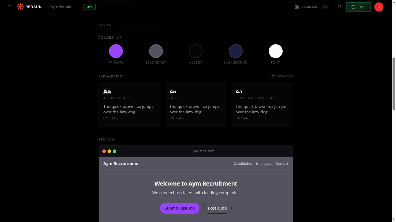 Visual section showing colour palette circles and typography font pairing cards