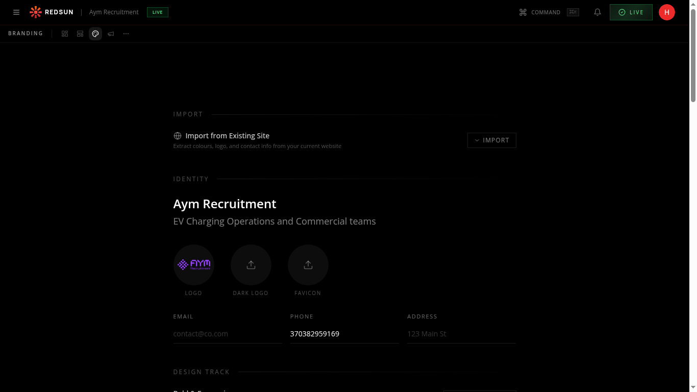 Branding page with import section for extracting from existing sites