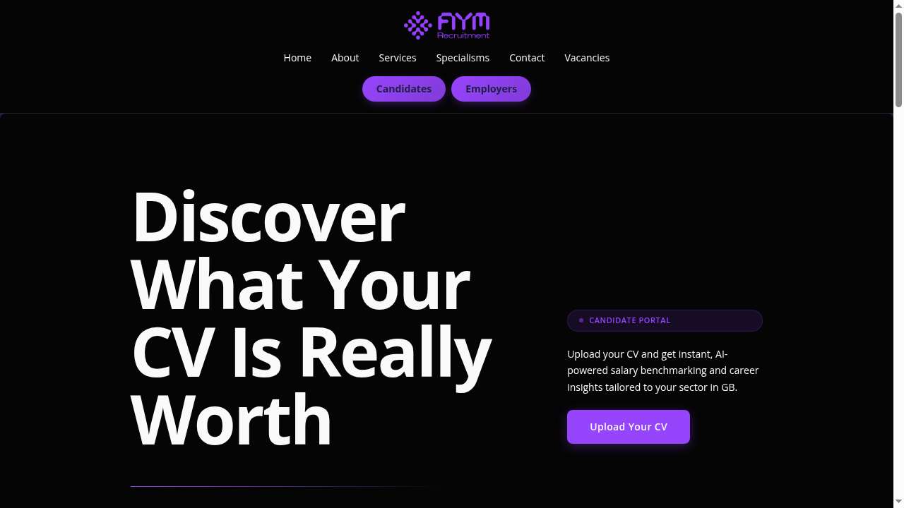Candidate well landing page with hero, teaser cards, and trust strip