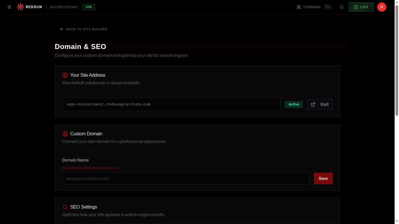 Domain & SEO settings page with SEO Settings section at the bottom