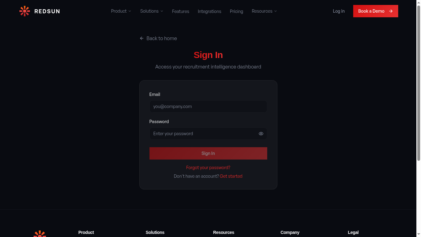 Redsun Sign In page with email and password fields, Sign In button, and Get Started link