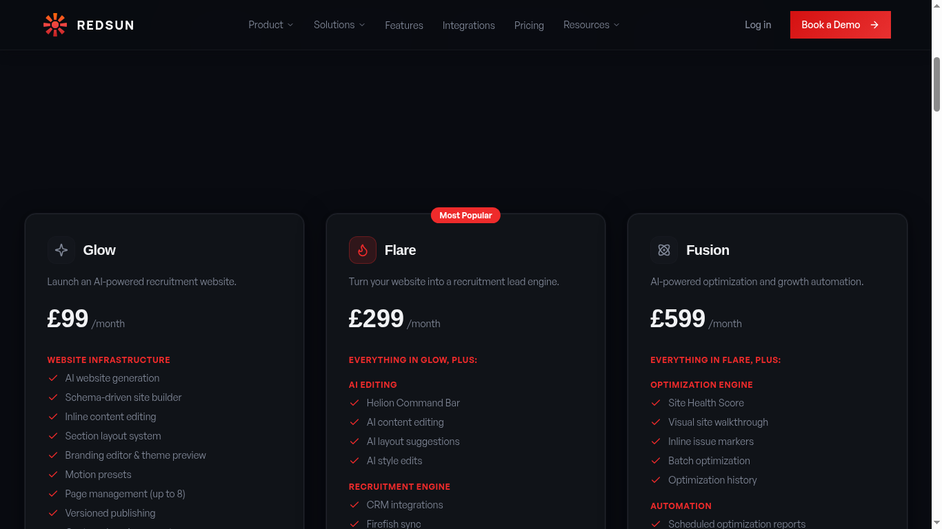 Pricing page showing Glow (£99/mo), Flare (£299/mo, Most Popular), and Fusion (£599/mo) plans with feature lists