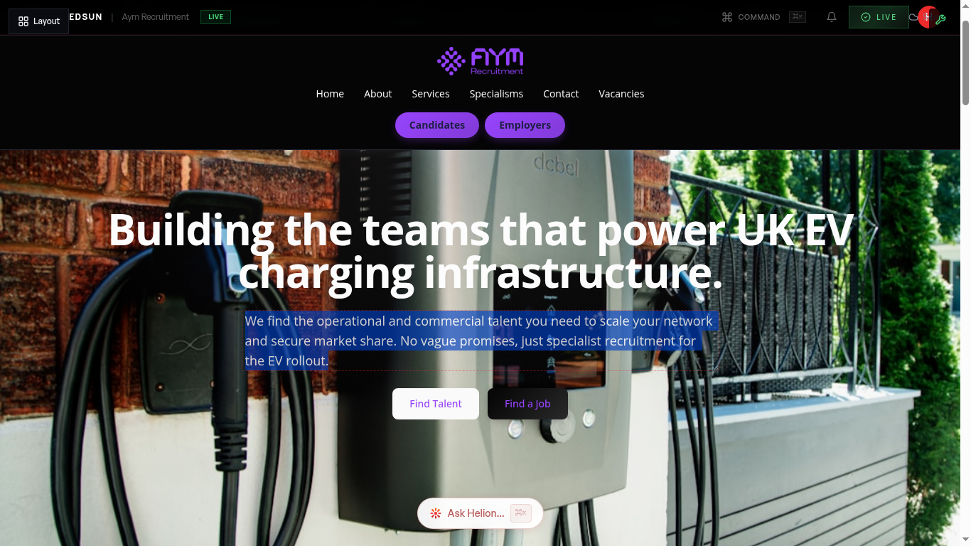 Section selected in the builder with blue highlight