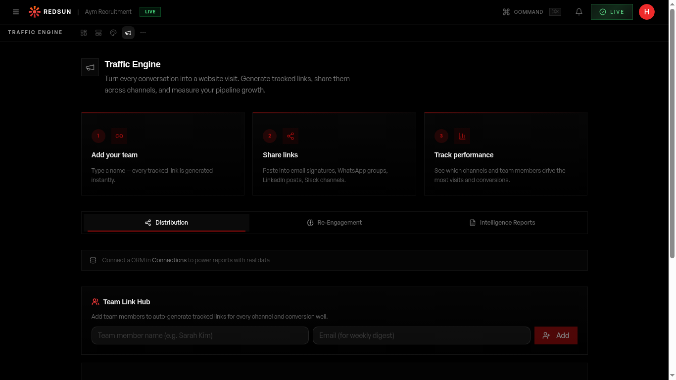Traffic Engine page showing Team Link Hub, Distribution, Re-Engagement, and Intelligence Reports tabs