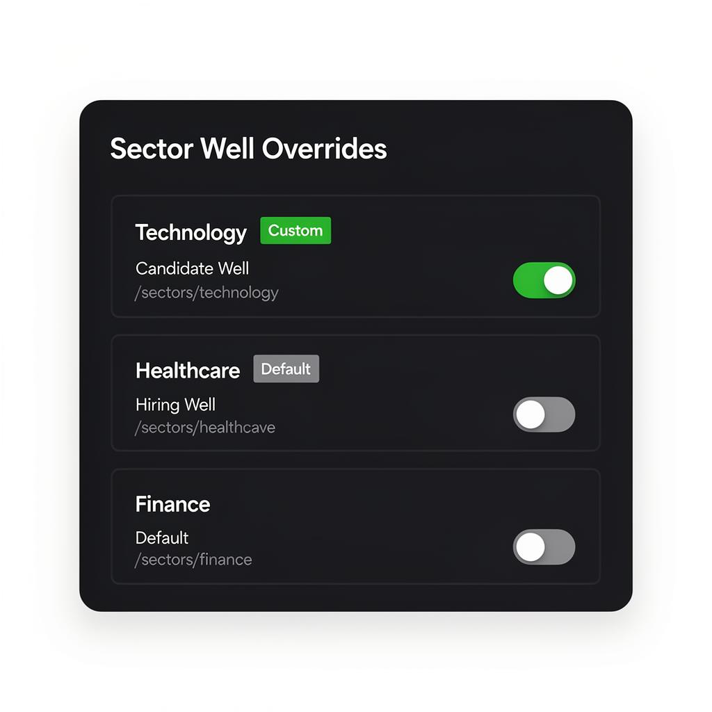Sector well overrides showing Technology with Custom badge and Healthcare with Default badge